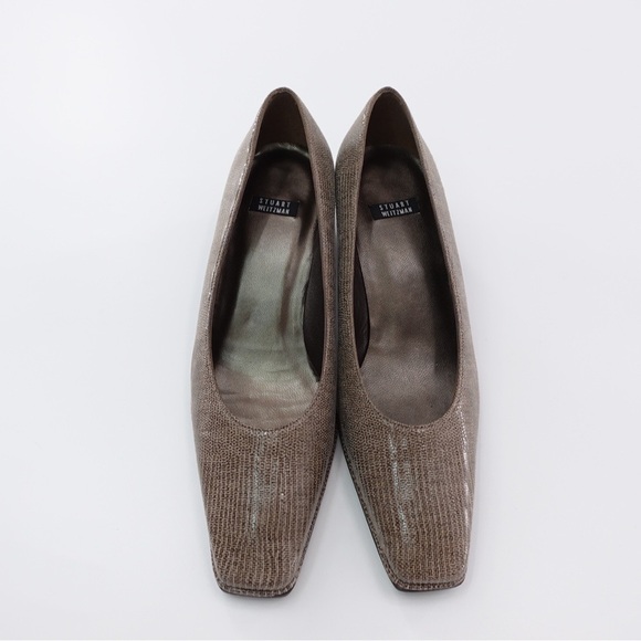 Stuart Weitzman Tan Reptile Print Leather Pumps Heels Square Toe Sz 7.5 - Picture 6 of 16